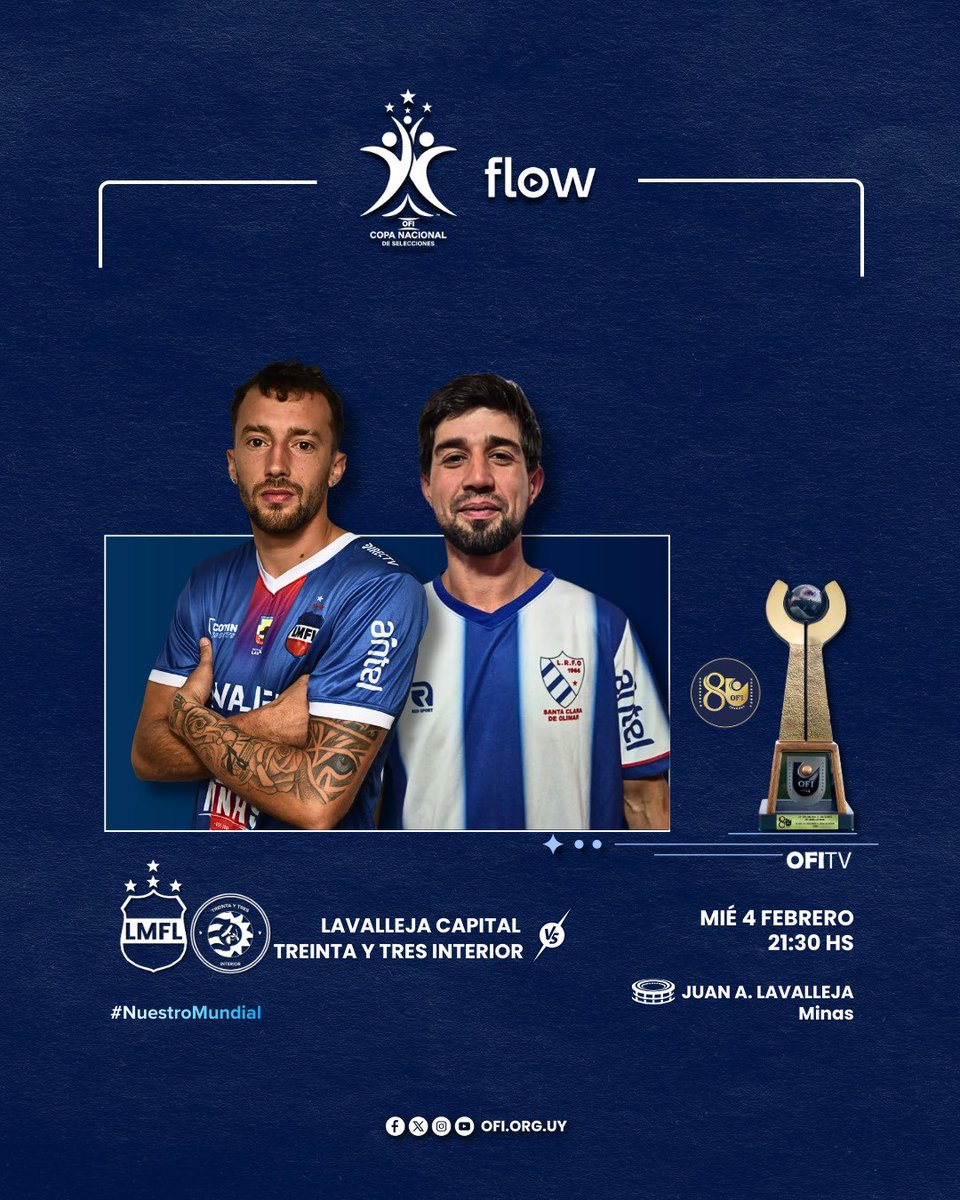 𝑪𝒐𝒑𝒂 𝑵𝒂𝒄𝒊𝒐𝒏𝒂𝒍 𝒅𝒆 𝑺𝒆𝒍𝒆𝒄𝒄𝒊𝒐𝒏𝒆𝒔 𝟐𝟎𝟐𝟔

Lavalleja Capital 🆚 Treinta y Tres Interior 

🖥️ Eventos 2 FLOW (718 Flow TV) Satelital y Cable. 
📲💻 Canal 118 en Flow App y Flow Box.

#NuestroMundial se juega en @flow_uy