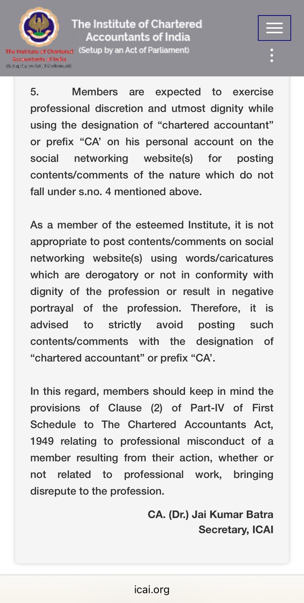 <a href="/R_N_Vaghani/">CA Ruchita Vaghani</a> it’s good you are a qualified chartered accountant but there are certain restrictions while you post something on social media with CA as a prefix in your name. There is a advisory from ICAI and violation of it constitutes professional misconduct. I am not commenting