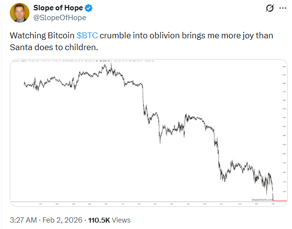 freddienew's tweet photo. We see strange comments like this every time the Bitcoin price tumbles. 

I wrote along the following lines roughly two years ago, addressed to anyone new to Bitcoin and attracted by the rising price. I still stand by them now…

I can offer you only three pieces of advice about Bitcoin with any certainty (and these are my firm opinions, not financial advice of any kind):

1. At some point, the Bitcoin price will drop.
2. When it does, there will be a flood of articles from journalists, from governments and from central banks, all declaring that Bitcoin is dead.
3. Bitcoin will not die.

The last of these points is the most important, and where I'd suggest you begin your journey. It’s absolutely crucial to ask “Why won’t Bitcoin die?” and try to come up with a better answer than those bankers and journalists who have failed to provide a satisfactory response to this question over the past fifteen years.

You may come to realise that the financial system, and the way money is created, are gratuitously unfair, and that this unfairness is buried deep in the way that our systems operate, so deeply that it is barely visible and rarely thought about.

You may realise that if you're not born into a vanishingly small percentile of the population, then the dice are loaded against you from the first day of your life, and that all your efforts to change your destiny by exchanging your time and your work for government-issued money will be undone, by the ability of governments and central banks to create that money from nothing, and to ensure that it flows to those closest to the point of creation – and not to you.

You may realise that your time, and your work, will be debased and diluted by the actions of governments and banks throughout your life, and like Alice Through the Looking Glass you will have to sprint alongside the Red Queen of the financial system for all of your days; sprinting just to stay in the same place, and ever at risk of falling behind.

At that point, "It might make sense just to get some in case it catches on."