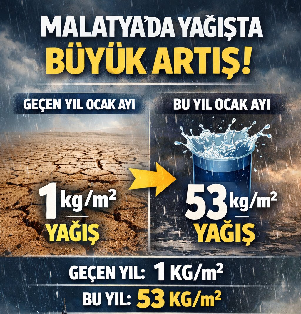 Malatya'da 2026 Ocak Ayı Fark Yarattı! Geçen yıl Ocak ayında metrekareye sadece 1 kg yağış düşerken bu yıl 53 kilogram yağış düştü.