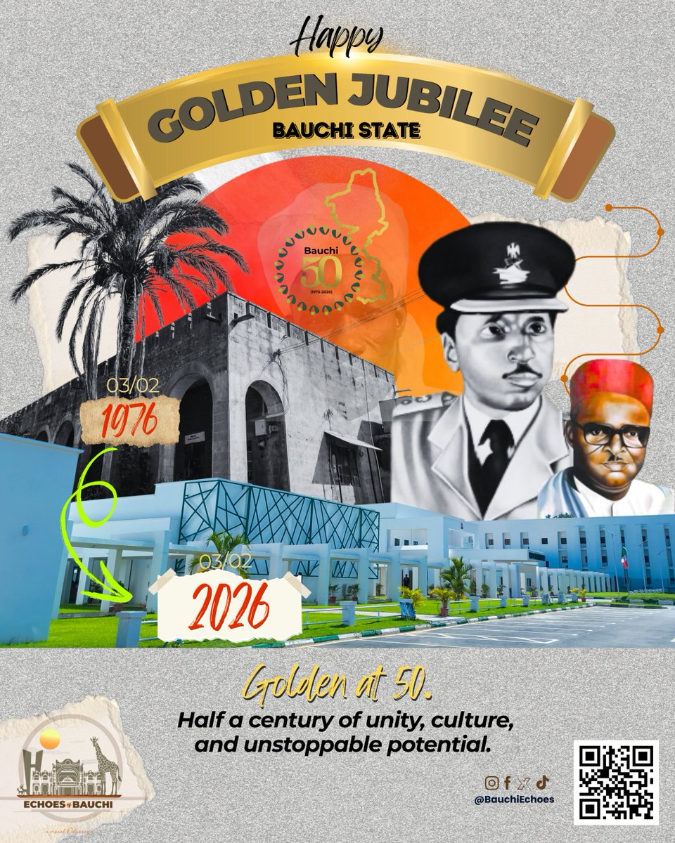 50 years behind us. A future full of promise ahead.
Bauchi State celebrates its Golden Jubilee—honouring our roots while embracing tomorrow. 
Happy Golden Jubilee, Bauchi State!

#Bauchiat50 #MyState #Bauchi50 #BauchiState #Bauchi