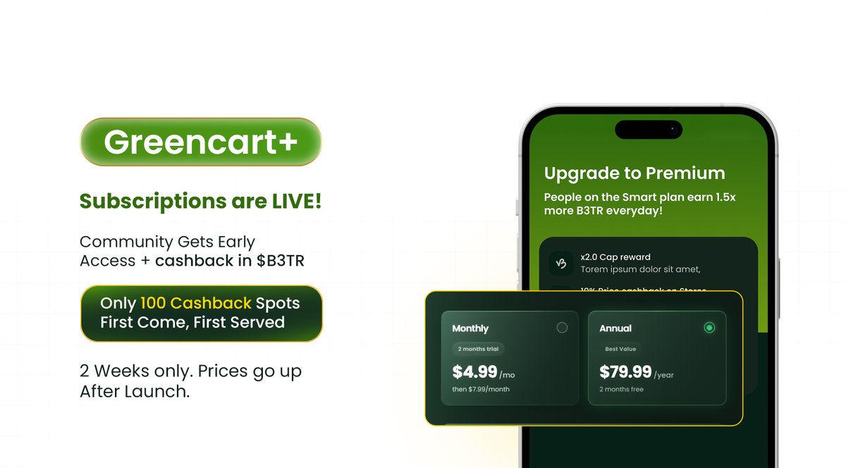 We’re launching subscriptions, and the first supporters are literally getting PAID to join. 🤑

The Deal:
✅ Monthly: $4.99 (2 months) → then $7.99 
✅ Annual: $79.99 (Just $6.67/mo) — BEST VALUE 🏆

The $B3TR Cashback Race:
🏃‍♂️ First 5: 100% BACK ($79.99 in $B3TR for Annual /