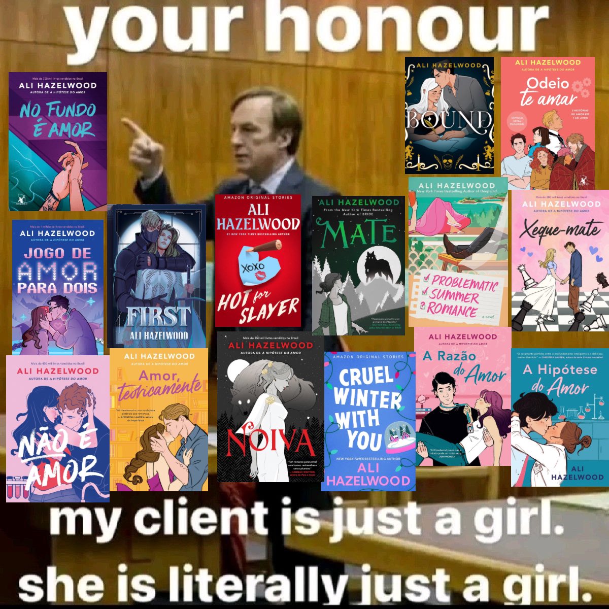 rhysvillain's tweet image. e quando a ali hazelwood sair do ano sabático dela e lançar tanto livro q eu vou ter que criar outra imagem dessa pra caber todos