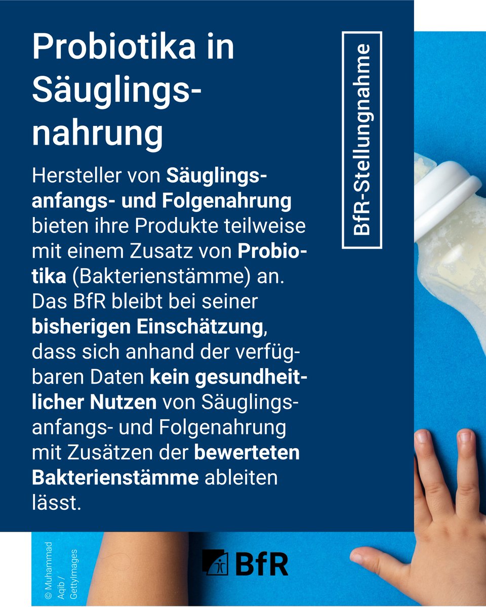 bfrde's tweet photo. Gesundheitlicher Nutzen von Säuglingsnahrung mit Zusatz von „Probiotika“ wissenschaftlich weiterhin nicht belegt. Weitere Studien sind notwendig, um Hinweise auf positive gesundheitliche Wirkungen zu prüfen.

Zur Stellungnahme: https://t.co/08FfEELmfD https://t.co/KT90DFXZDv