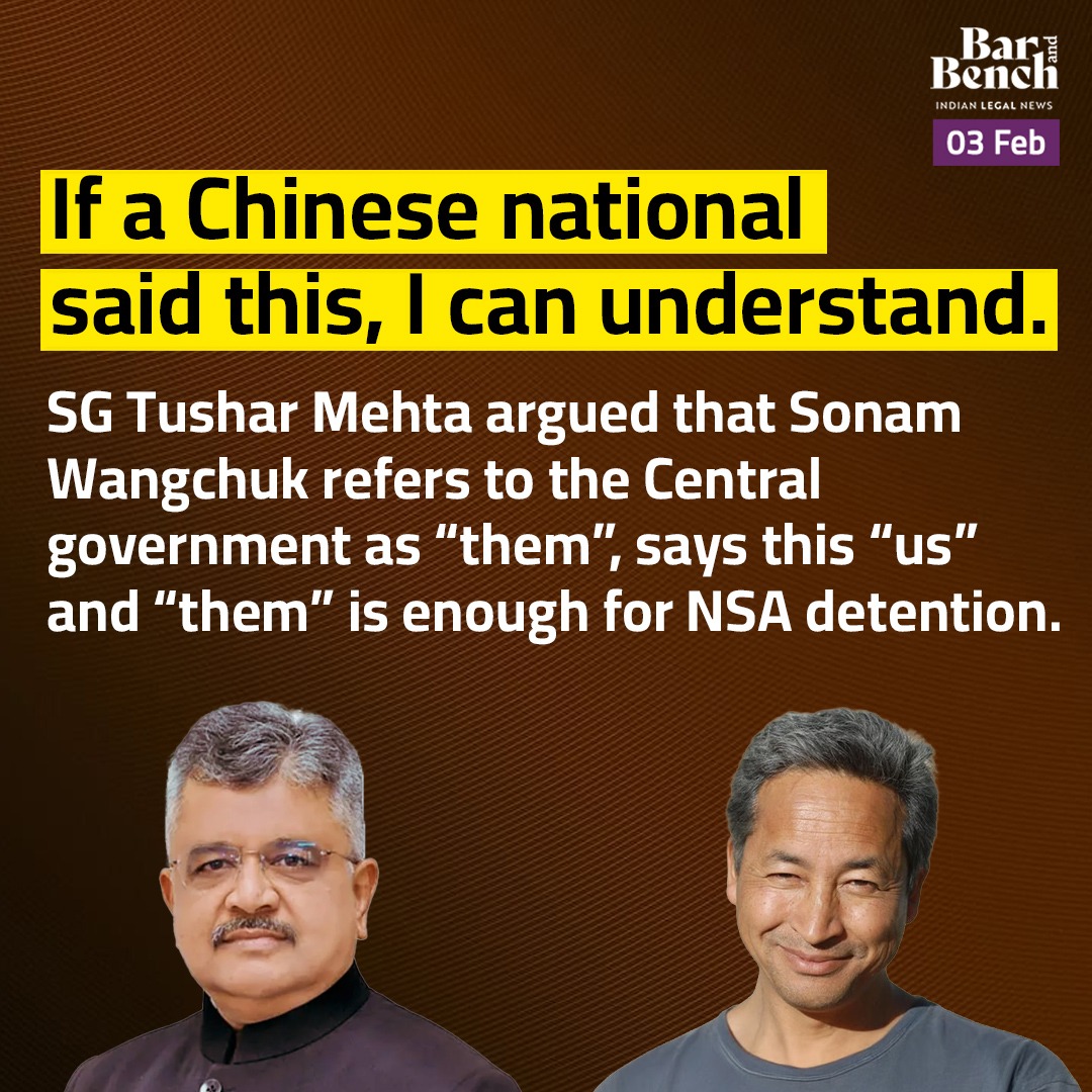 barandbench's tweet photo. Sonam Wangchuk refers to the Central government as “them”. This is “us” and “them” is enough for NSA detention: SG Tushar Mehta argues

Read more: https://t.co/fUeuphWY6l https://t.co/nbmYTKLAWk