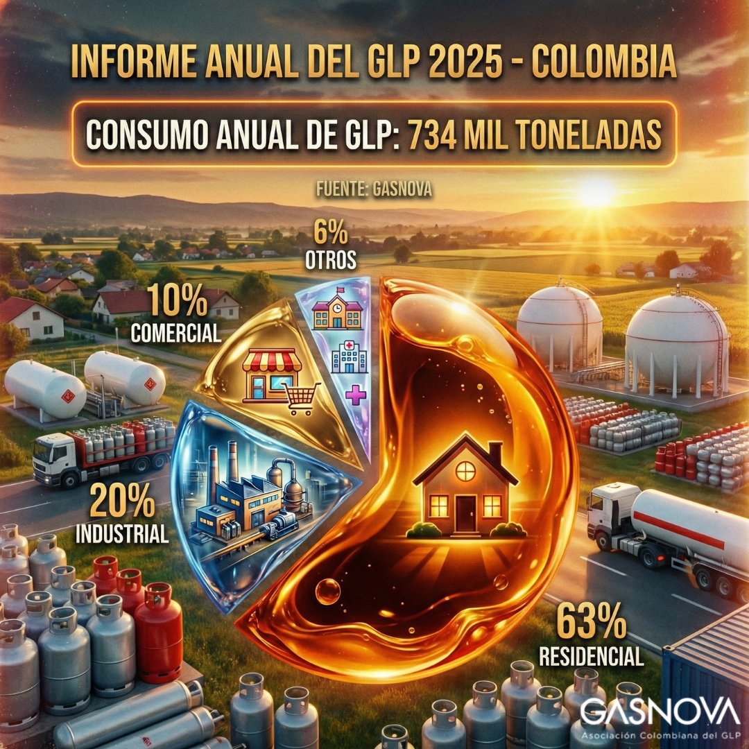 GasnovaCo's tweet photo. 📊En Colombia 🇨🇴 se consumen 734 mil ton/año de #GLP. Consumo por sectores fue:
🏡63% residencial
🏭20% industrial
🛒10% comercial
🏥6% otros (escuelas, hospitales, etc.)
@Superservicios @ECOPETROL_SA
+info en el #InformeAnualGLP 👉 https://t.co/U00Pn4Pr4M https://t.co/iojhSHvY4V