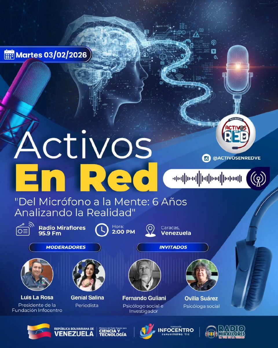 RojoEmilse's tweet photo. #Infocentro📢 *PROGRAMA ACTIVOS EN RED*
¡Únete a nosotros en el programa “Activos en Red”, moderado por Luis La Rosa y Genail Salinas.
Fecha: Martes 03/02/2026
Hora: 2:00 PM.
Invitados: Fernando Guliani (Investigador) y Ovilia Suárez (Psicologa Social).

#CienciaParaLaVida https://t.co/HhvBRVPpDO