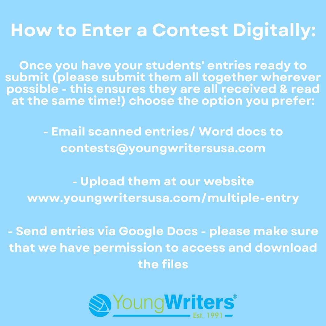 If you are currently remote learning because of the weather you can type out your work and enter online!

youngwritersusa.com/contests
