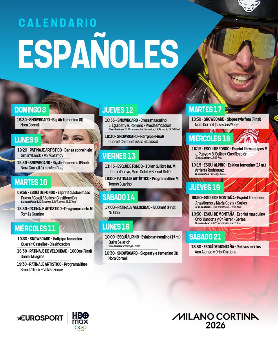 🔖🇪🇸 El 𝐂𝐀𝐋𝐄𝐍𝐃𝐀𝐑𝐈𝐎 de todos los deportistas españoles en los JJOO #MilanoCortina2026, para guardar y compartir 

📺 Disfruta cada momento de los Juegos Olímpicos del 6 al 22 de febrero en Eurosport y <a href="/StreamMaxES/">HBO Max España</a>