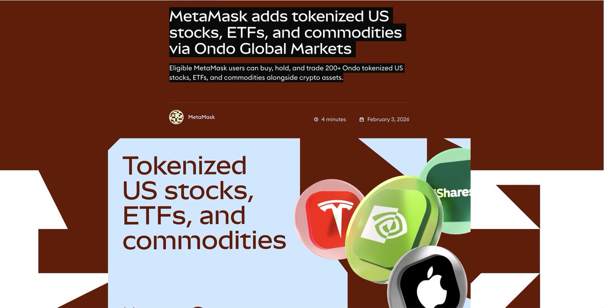 ldxcap's tweet photo. Big move by MetaMask 👀
You can now buy, hold, and trade tokenized US stocks, ETFs, and commodities via Ondo.
200+ real-world assets, directly alongside crypto.
Wallets are becoming financial super apps. https://t.co/kEP6pyW3c2