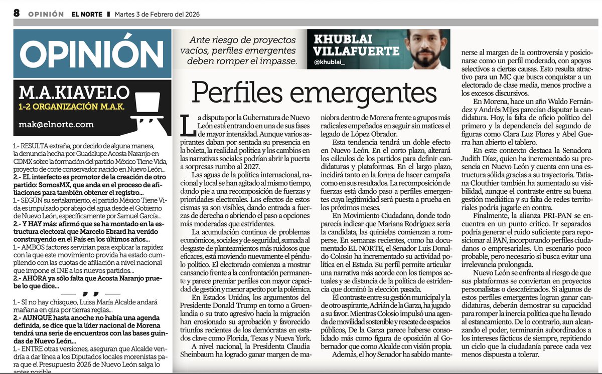 Nuevo León entra en una fase clave rumbo al 2027.

Las narrativas cambian, los perfiles se reordenan y algunas certezas empiezan a romperse.

En mi columna en <a href="/elnorte/">EL NORTE</a> de  esta semana, analizo qué figuras pueden salir ganadoras y quienes se estancan 

📰👇