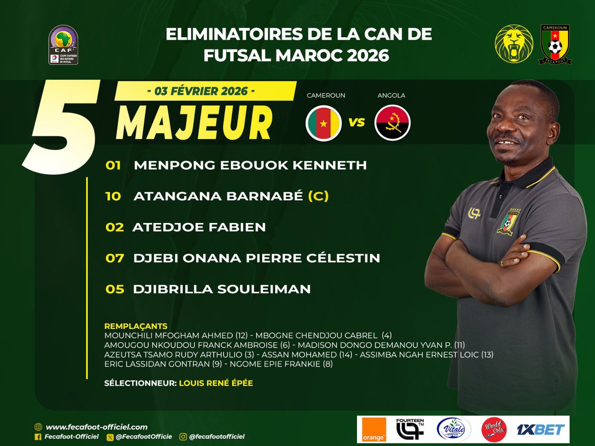 LIndomptables's tweet photo. 🔥⚽ #LIVEFACEBOOK

Voici le 5 majeur des #LionsIndomptables !!

#CAMEROUN 🇨🇲 🆚 🇦🇴 #ANGOLA
📆 : 03 Fev 2026
🕑 : 17h00
🏟️ : Palais des sports de Yaoundé
📺 : Fecafoot-Officiel 

#AFCONFUTSALQ | 
#GOLIONS | 
#ALLEZLESLIONS | 
#LETSROARTOGETHER|
#INDOMPTABLES | https://t.co/fZBAkenMkr