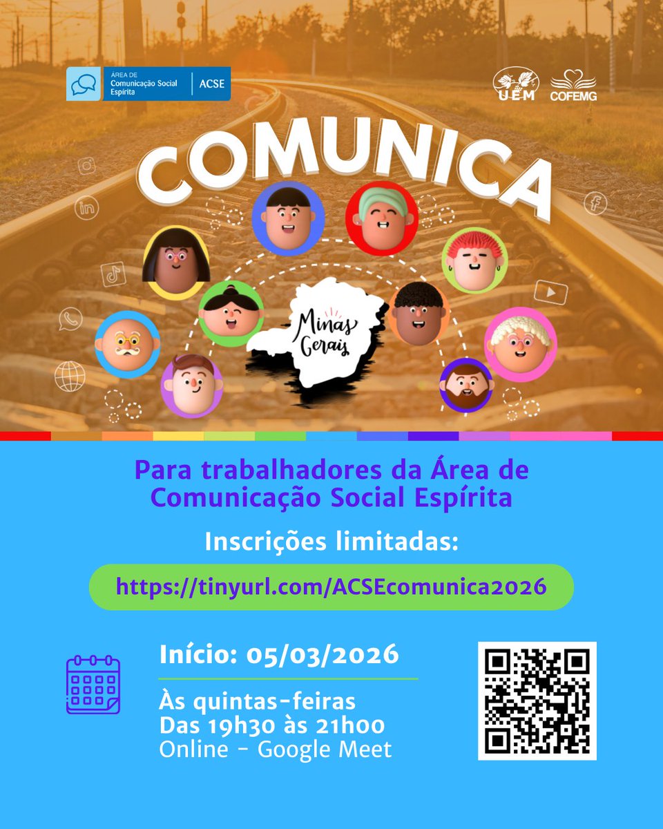 uemmg's tweet photo. 📣 Estão abertas as inscrições para o curso COMUNICA MG 2026!

 🗓️Início: 05/03
 🕢Quintas, 19h30 às 21h – Online

 ➡️Inscreva-se: https://t.co/MkO2doFdJN

Sabia mais: https://t.co/PxcohYpK8T

 #ComunicaMG #acse #uemmg #uniãoespíritamineira https://t.co/gFcEcviXpm