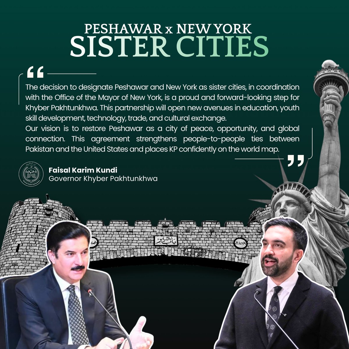 fkkundi's tweet photo. The decision to designate #Peshawar and #NewYork as sister cities, in coordination with the Office of the @NYCMayor , is a proud and forward-looking step for Khyber Pakhtunkhwa. This partnership will open new avenues in education, youth skill development, technology, trade, and cultural exchange.
Our vision is to restore #Peshawar as a city of peace, opportunity, and global connection. This agreement strengthens people-to-people ties between Pakistan and the United States and places #KhyberPakhtunkhwa confidently on the world map.
I look forward to seeing this partnership translate into real opportunities for our youth and lasting cooperation between our two great cities.