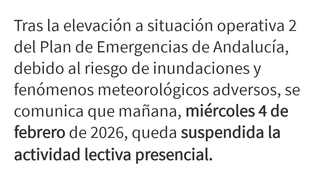 📢 AVISO IMPORTANTE 📢
Queda SUSPENDIDA toda actividad presencial en nuestra Escuela de Música para la jornada de mañana 4 de febrero debido al riesgo de inundaciones y fenómenos meteorológicos adversos.
