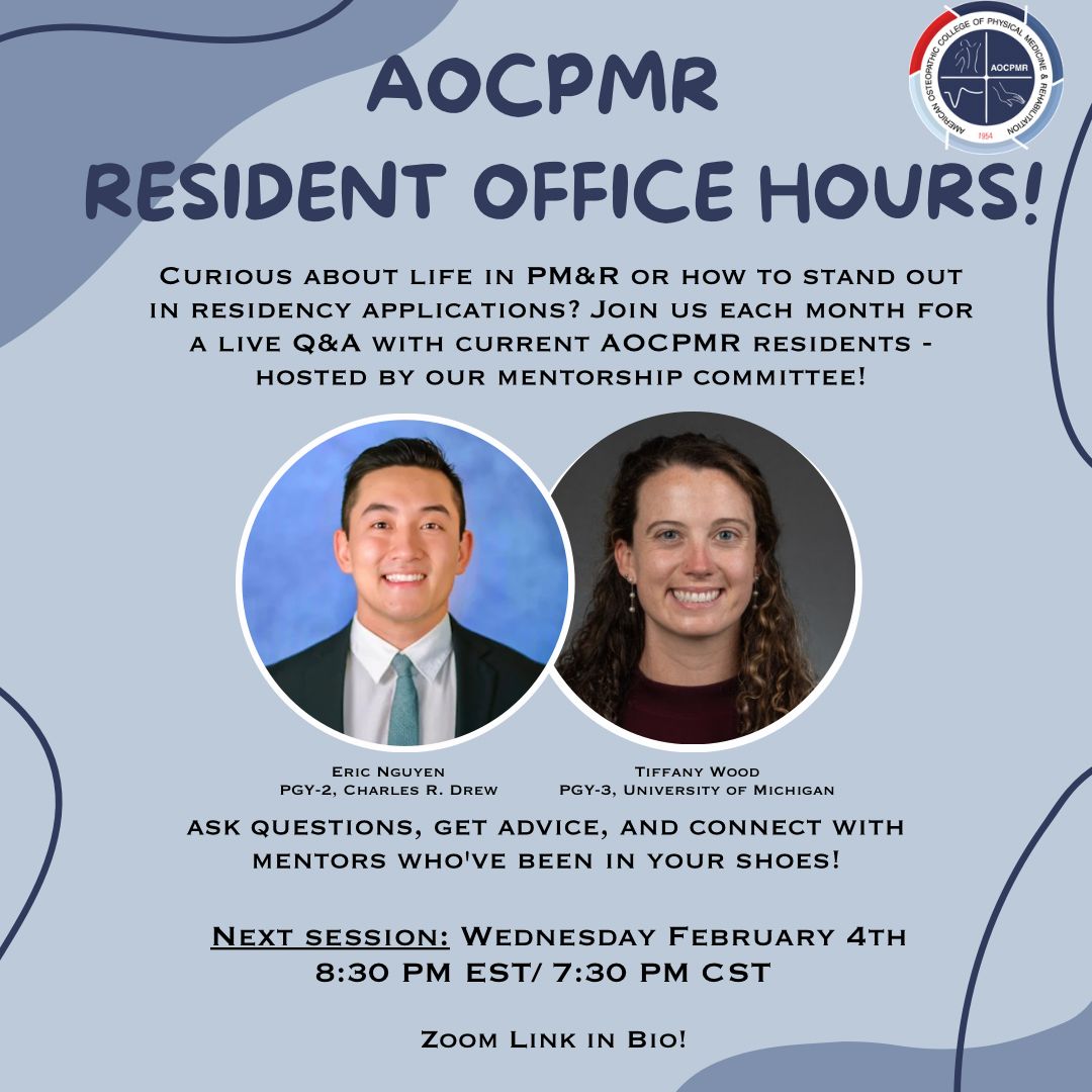 Join us on Wednesday, February 4th, for this month’s AOCPMR Resident Office Hours session.
Zoom link will be posted in our bio.