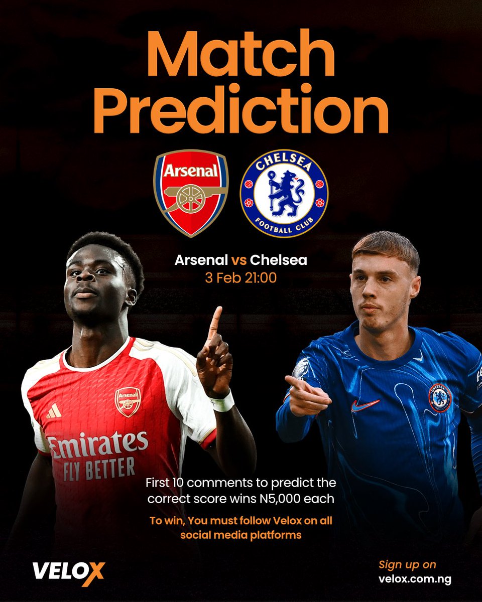 🔥 London derby time! 🔥

Arsenal 🆚 Chelsea
Drop your correct score prediction 👇
First 10 correct picks win ₦5,000 each 💸

Follow Velox on all platforms to qualify. Let’s see who really knows ball⚽️ #Londonderby #footballpredictions #velox #giveaway #Arsenalvschealsea
