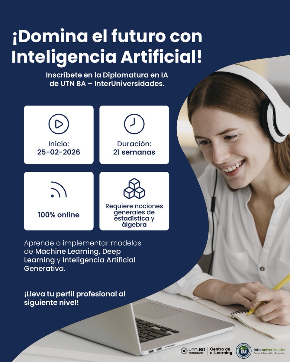 Este es el momento! 
Haz la diferencia y coloca esta  diplomatura en tu CV . 
Un curso On Line para toda Latinoamérica.
Comienzo : 25 de Febrero
Duración: 5 meses.  
Ver: …ersidades.utnba.centrodeelearning.com/detalle/diplom… 
#InteligenciaArtificial