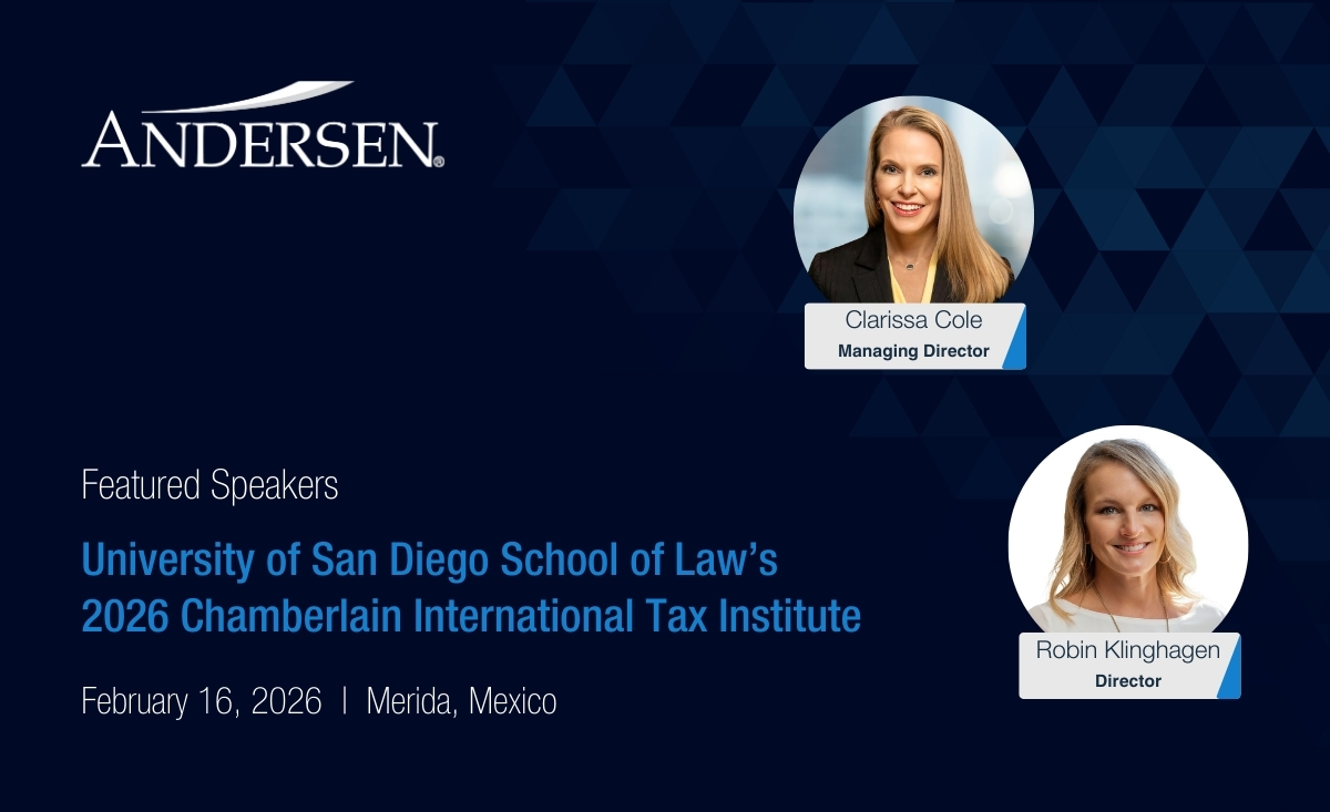 Andersen_US's tweet photo. 🚨Updated: Andersen Managing Director Clarissa Cole, CPA, and Director Robin Klinghagen will be featured speakers at the 2026 Chamberlain International Tax Institute in Mérida, Mexico. Learn more → https://t.co/F3YkramWmm https://t.co/sximQt3T9Y