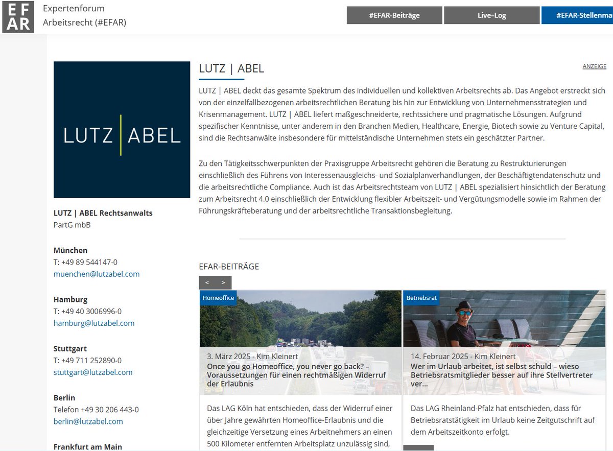 LUTZ | ABEL Arbeitsrechts-Experten beim #EFAR
Die Full-Service-Wirtschaftskanzlei ist nun mit einem eigenen Auftritt bei uns vertreten. Wir freuen uns auf weitere Beiträge und die Zusammenarbeit mit den Experten von <a href="/LutzAbel/">LUTZ | ABEL</a>. 
Weitere Informationen unter: efarbeitsrecht.net/profil/lutz-i-…