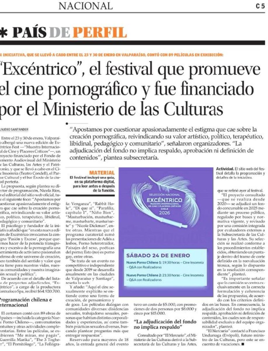 lucyanaah's tweet photo. Mientras #Chile NO tiene fondos para urgencias y prioridades entre otros miles de problemas, el gobierno de ⁦@GabrielBoric⁩ y el ⁦@culturas_cl⁩  usa la plata fruto del trabajo de millones de chilenos para “Pase Cultural y el Festival de Cine Porno” Una Burla,falta poco https://t.co/hWcMO4Fp8y