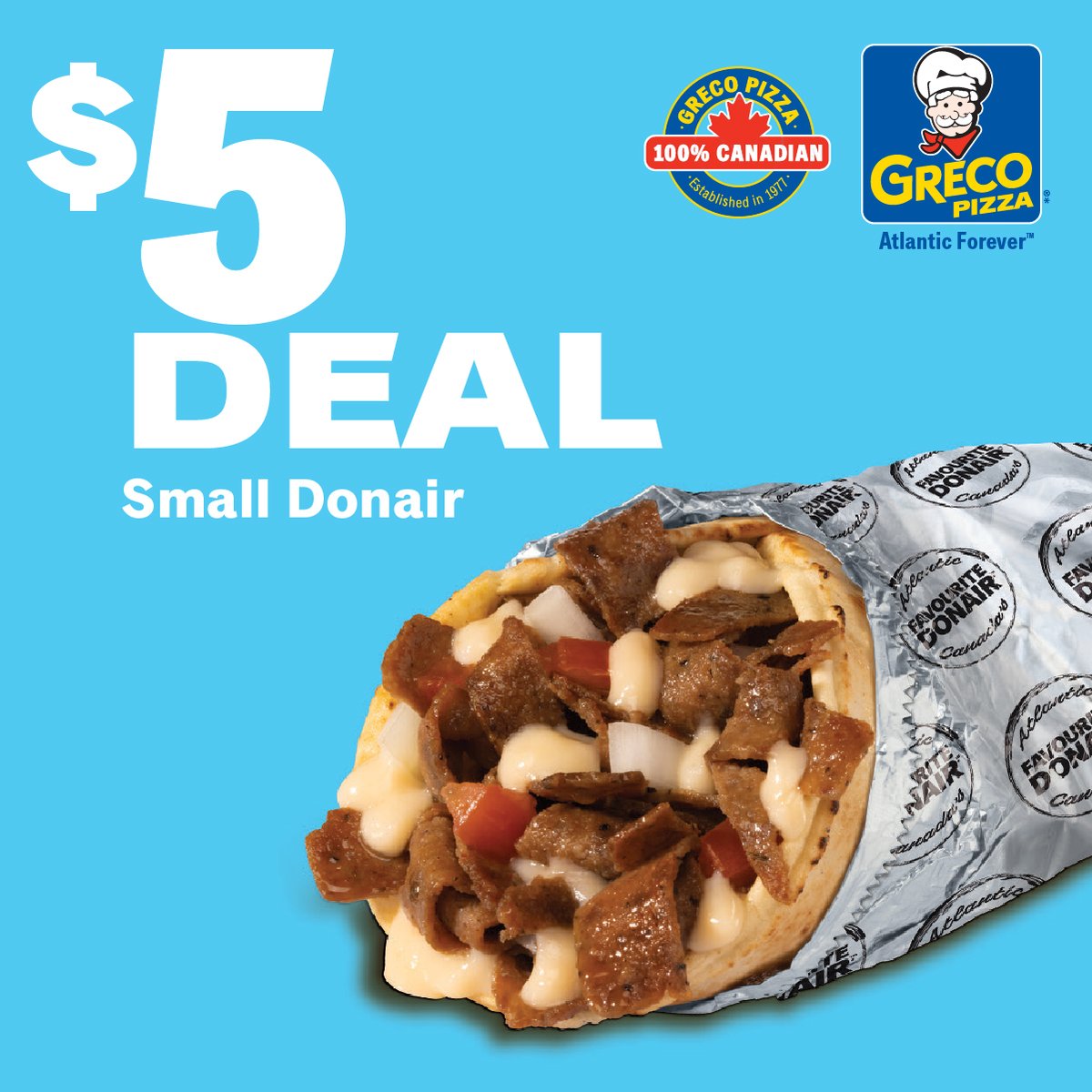 🌯💥 Craving a tasty bite? Grab a Small Donair for just $5 at Greco 😍. Hot, fresh, and packed with flavor – perfect anytime! 
Order online at Greco.ca or call 310.30.30 today