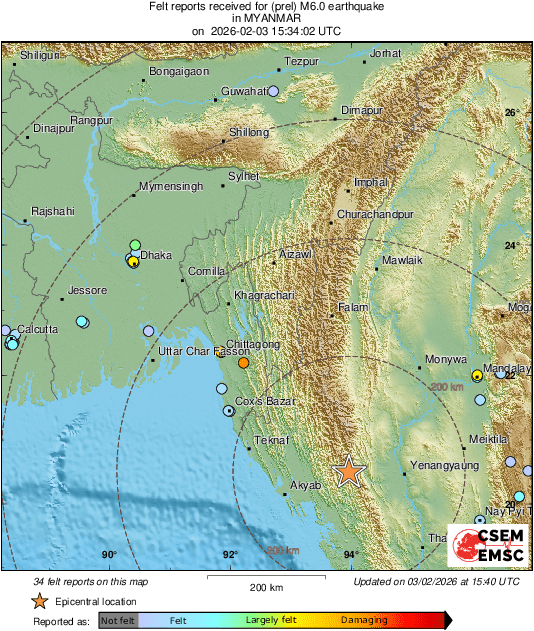LastQuake's tweet photo. #Earthquake 73 mi E of #Akyab (#Myanmar) 7 min ago (local time 22:04:02). Colored dots represent local shaking & damage level reported by eyewitnesses. Share your experience:
📱https://t.co/QMSpuj6Z2H
🌐https://t.co/0bYKk6klx2 https://t.co/EStRfEEIIl