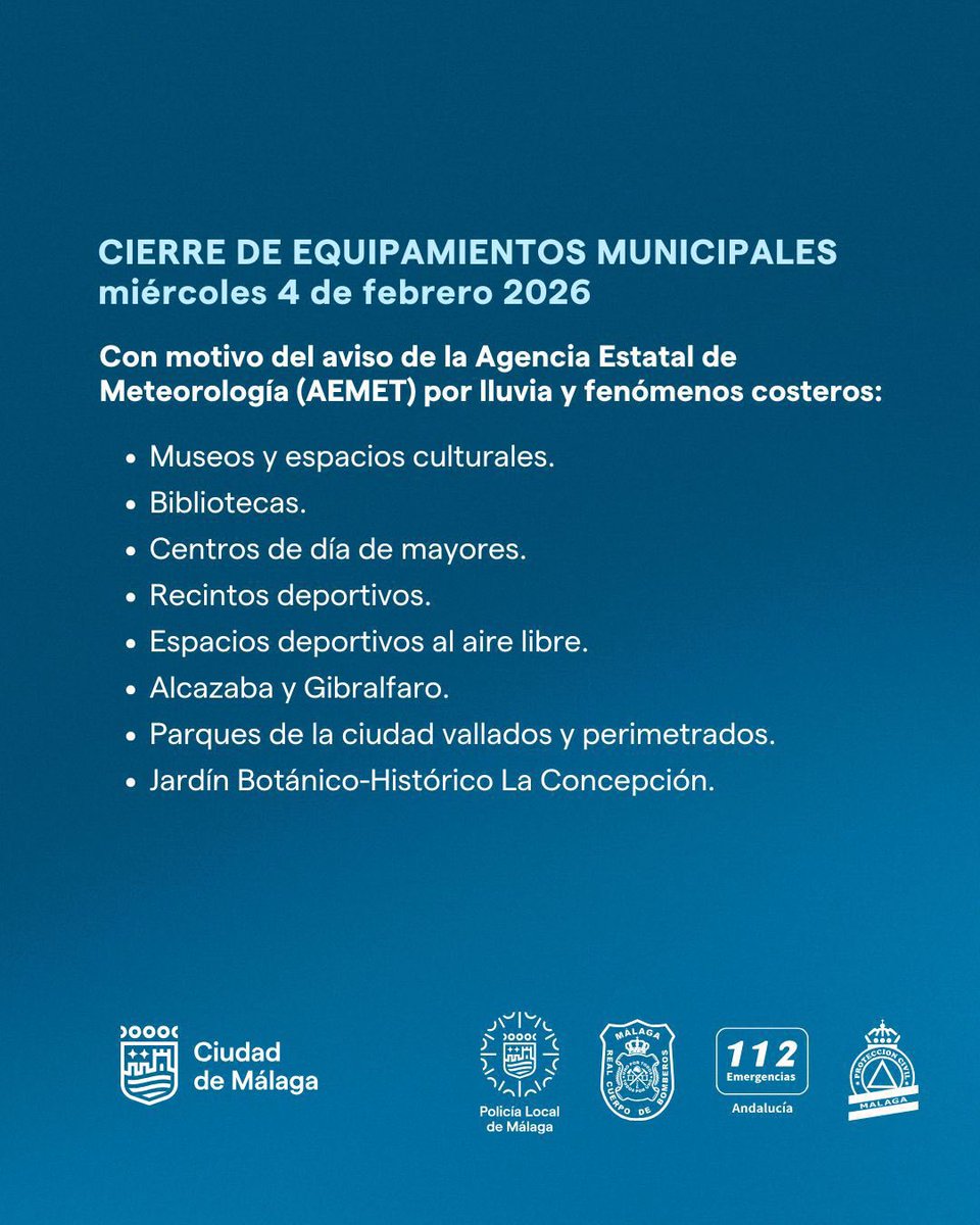 El Ayuntamiento activará esta noche el Plan Territorial de Emergencia y cerrará mañana parques y equipamientos sociales, culturales y deportivos ante el aviso naranja por fuertes precipitaciones.

Más información 👉malaga.eu/el-ayuntamient…