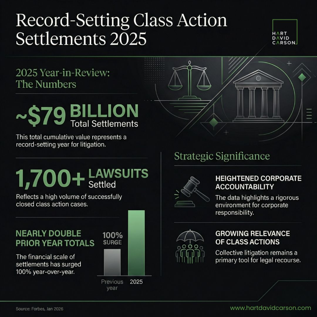 Record-Setting Class Action Settlements in 2025

2025 was a landmark year for class action litigation:
• ~$79 billion in total settlements – a record high
• 1,700+ lawsuits successfully settled
• Nearly double the prior year’s total

Why it matters:
• Heightened corporate