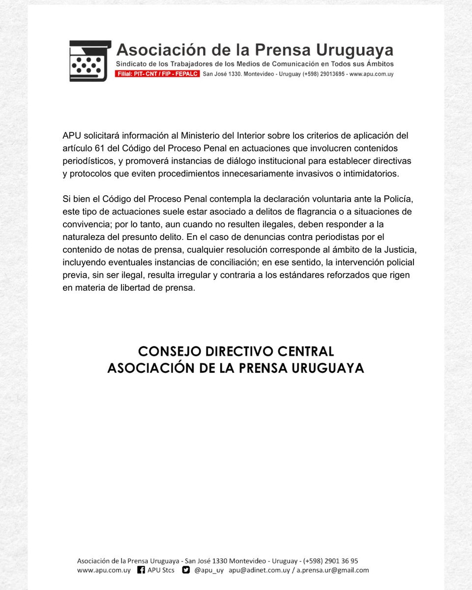 📣 APU expresa su preocupación ante la citación policial a un periodista por el contenido de una nota de interés público.

La libertad de expresión y el derecho a informar son pilares de la democracia y deben contar con garantías reforzadas.

APU solicitó información al