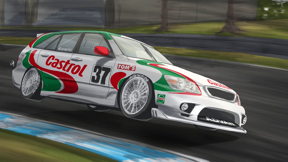 JustusKuro's tweet image. "Every millisecond counts"
Commissioned by @Hachiro_AE86 
Of a BTCC/ super touring version of their Is300 SportCross doing the touring car two-wheeling! Plus the Tom's Castrol RS200 kitted race car tribute! 

#Commission #racecar #illustration #BTCC