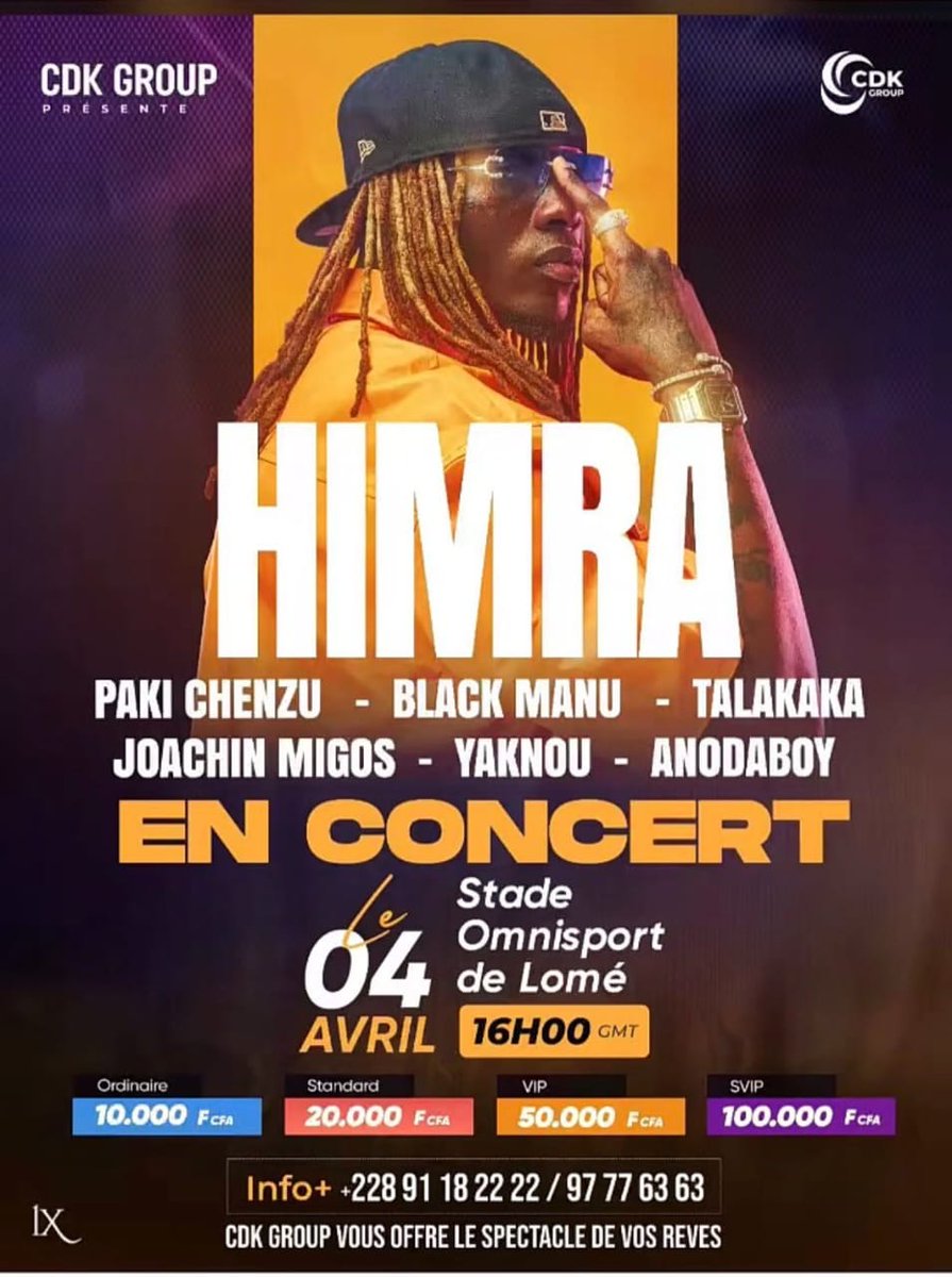 AlineEkoue's tweet photo. @HimraOfficiel a rempli le Zénith de Paris 🇫🇷 .
Le 04 avril, il vient remplir le stade Omnisports de Lomé 🇹🇬

Les #Togolais vont montrer aux #Ivoiriens comment on accueille une star. Qui dit mieux ? 😏⚔️

#Togo #CDKGroup https://t.co/8DFIerrad3