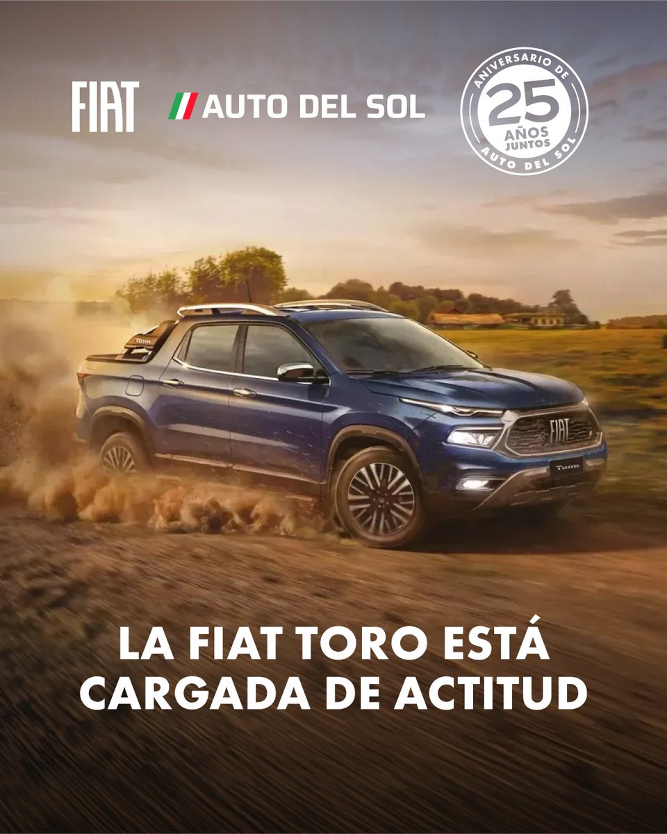 AutodelSolOk's tweet photo. Con su diseño audaz, potencia y tecnología de última generación, la Fiat Toro es la pick-up que te lleva más allá, siempre con la fuerza que necesitas para cada aventura. 🌟

☑️ Auto del Sol 🌟 25 años andando juntos.
#25AñosJuntos
#FIAT #AutoDelSol #FiatArgentina #LaPasiónMueve https://t.co/tsYNEhDrYH