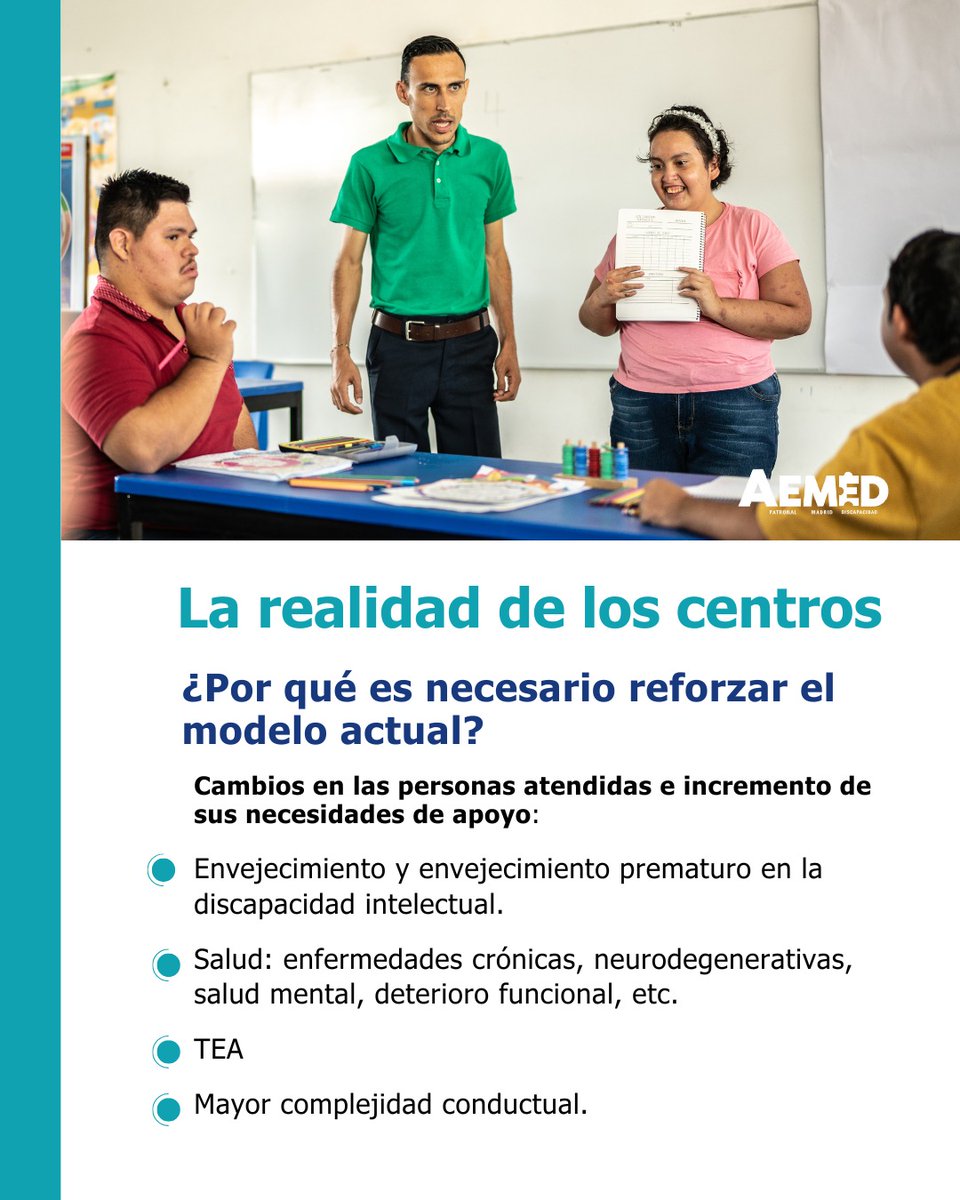 AEMED_'s tweet photo. 📌 ¿Por qué es necesario reforzar el modelo actual?

Porque han cambiado las personas atendidas y sus necesidades de apoyo:
▪️ Envejecimiento (a menudo prematuro)
▪️ TEA
▪️ Salud mental y enfermedades crónicas
▪️ Mayor complejidad conductual https://t.co/Xr4coAdkug