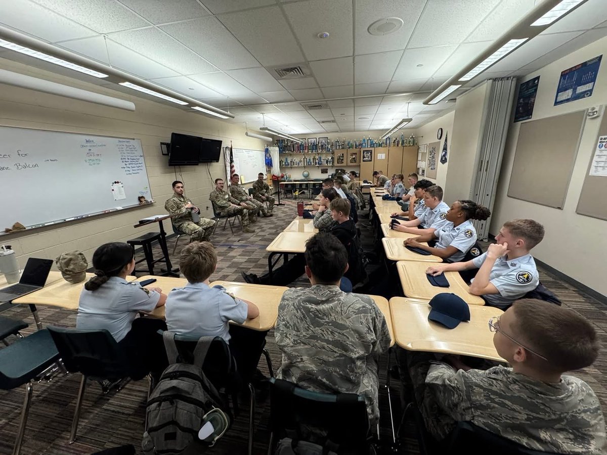 SFJROTC's tweet photo. Thank you to these members of the 21 Civil Engineering Squadron (CES) at PetersonSFB for sharing their stories of service with the #SFJROTC unit at Falcon High School, Colo. #Connection to Guardians and Airmen is an important element of the enterprise. @HQ_AFJROTC @USSF_STARCOM https://t.co/DURPT0B1Zo