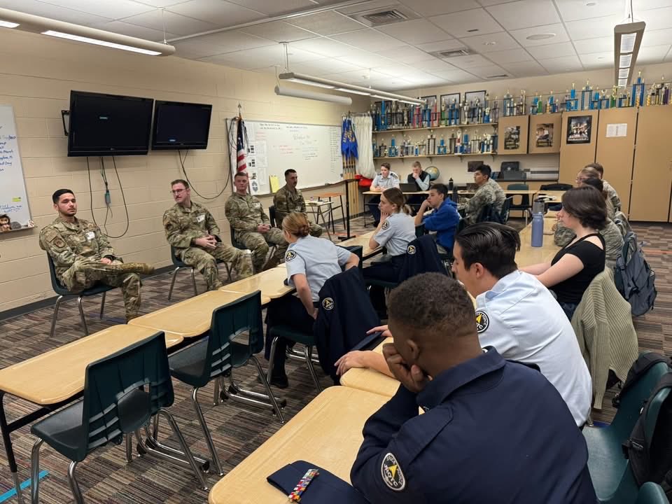 SFJROTC's tweet photo. Thank you to these members of the 21 Civil Engineering Squadron (CES) at PetersonSFB for sharing their stories of service with the #SFJROTC unit at Falcon High School, Colo. #Connection to Guardians and Airmen is an important element of the enterprise. @HQ_AFJROTC @USSF_STARCOM https://t.co/DURPT0B1Zo