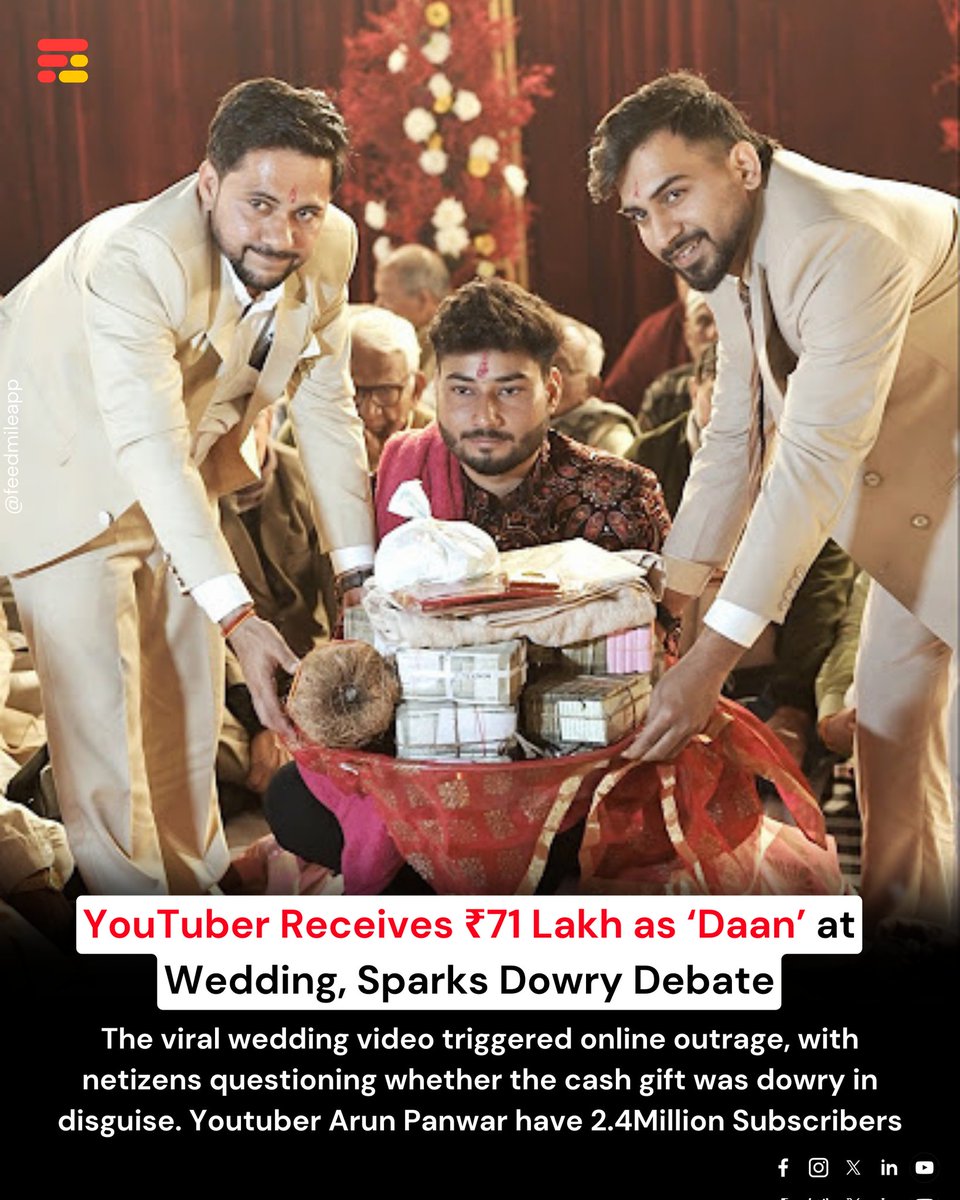 feedmileapp's tweet image. ₹71 lakh cash at a wedding, labelled as ‘daan’, sparks outrage online as netizens question if dowry is being normalised under a different name.

#DowryRow #ViralNews #WeddingControversy #IndiaSpeaks