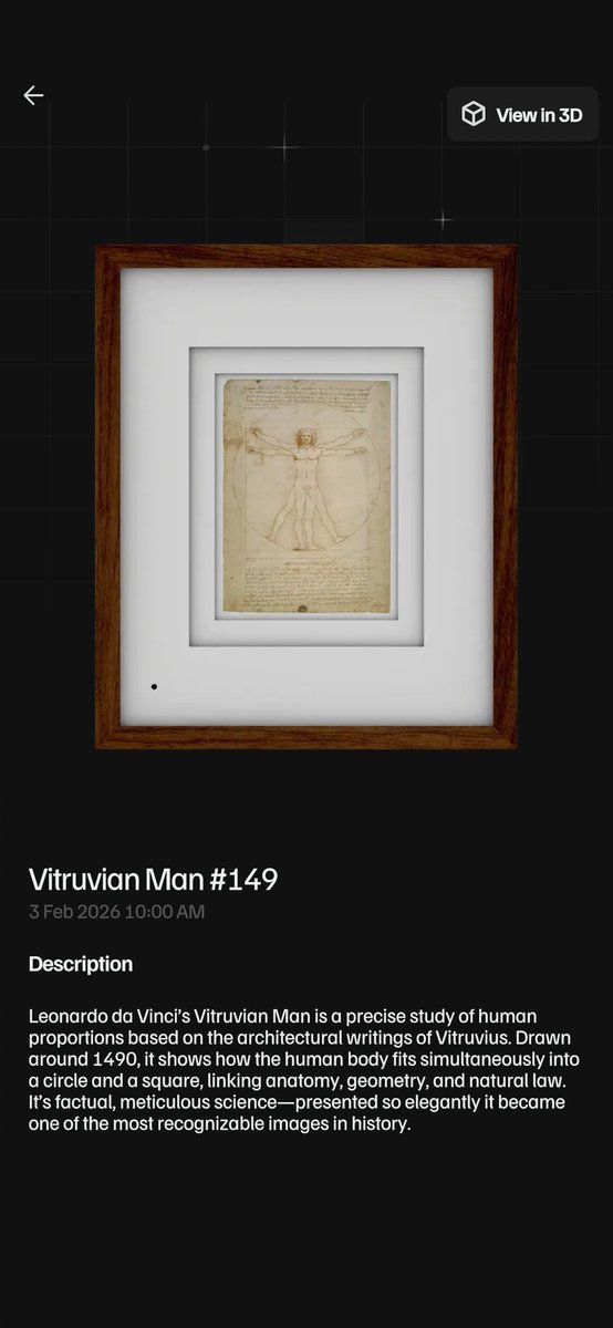 Because I owned a Mona Lisa from ElmonX... I was whitelisted and had early access I to this Vitruvian Man by Leonardo Da Vinici drop. It was actually a smooth process. Great job ElmonX and this pieces looks fantastic. I purchased the Artist Proof which is limited to 10 and I
