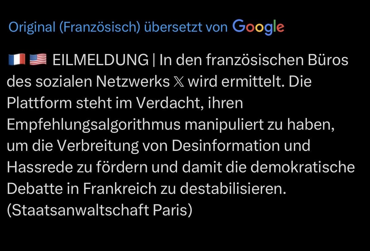 Leseerlaubnis's tweet image. Die Deutschen haben offensichtlich eine längere Leitung als die Franzosen. 

Oder wird hier nicht ermittelt, weil Buschmann Elon Musk einen Persilschein ausgestellt hatte und inzwischen in der Kanzlei sitzt, die Elon Musk gegen Deutschland verteidigt?