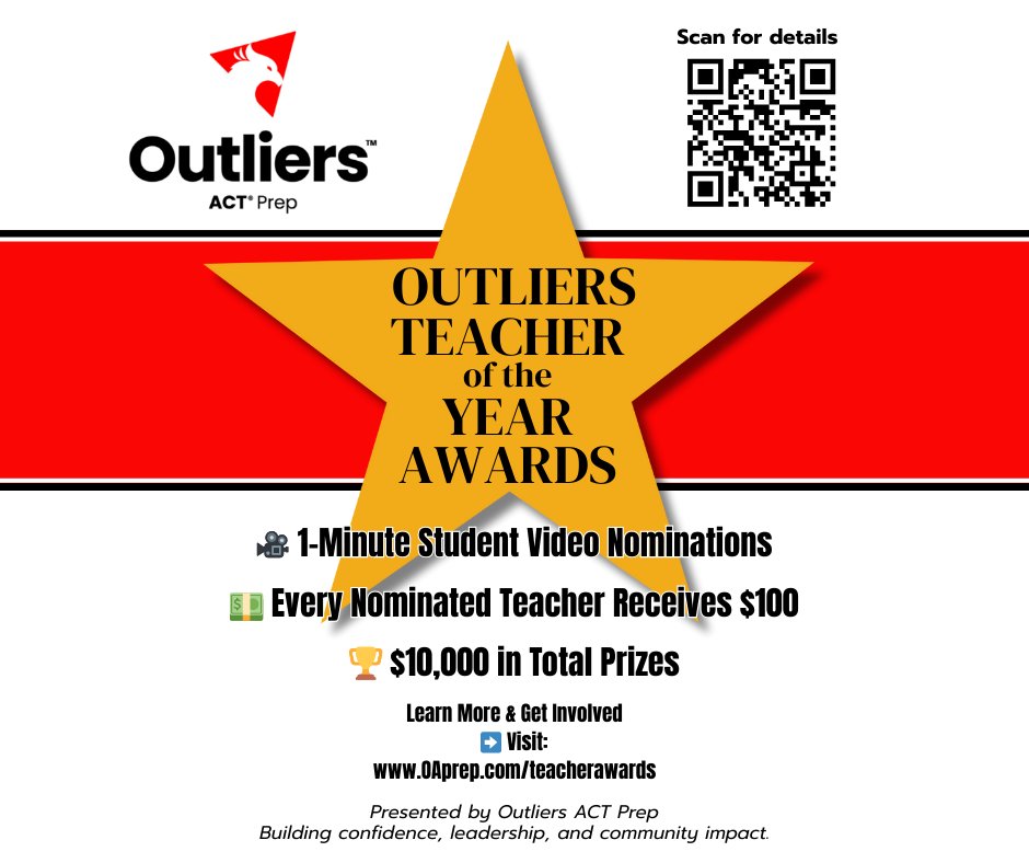 A great teacher can change everything 💛
Nominate them for the Outliers Teacher of the Year Awards before Feb 15—still time!
🎥 1-min student video
💵 $100 per nominated teacher
🏆 $10,000 in total prizes
👉 OAprep.com/teacherawards