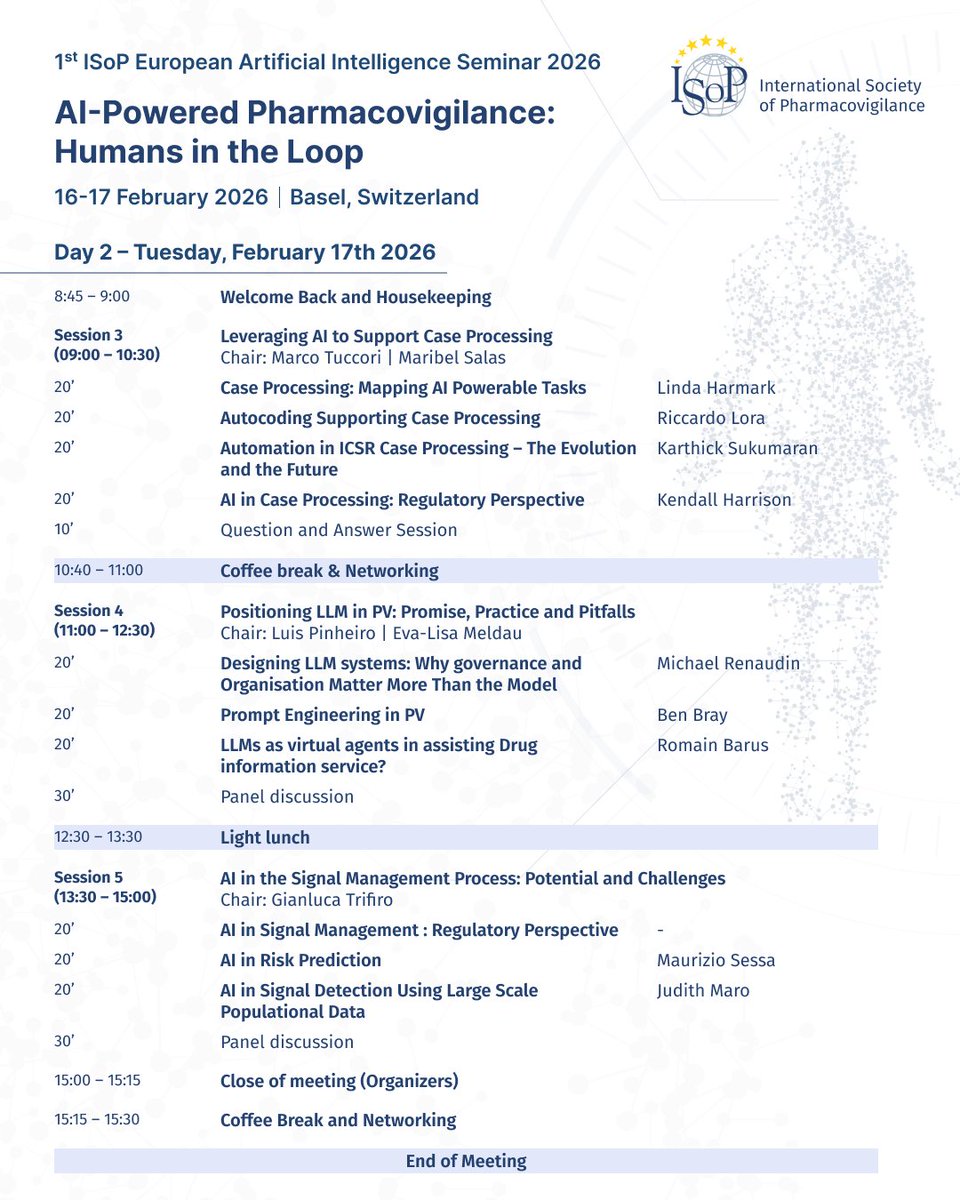ISoPonline's tweet photo. 📢 Registration is OPEN for the 1st ISoP European AI Seminar 2026!

💡 AI-Powered Pharmacovigilance: Humans in the Loop
🗓️ 16–17 Feb
📍 Basel, Switzerland
👉 Register: https://t.co/Q3CXwU7vBA

#ISoPOnline #ISoPBasel2026 #Pharmacovigilance #AI #DrugSafety #PatientSafety https://t.co/W4sqXxhmLl