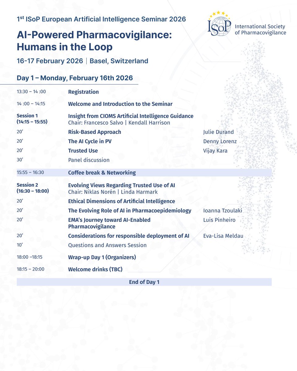 ISoPonline's tweet photo. 📢 Registration is OPEN for the 1st ISoP European AI Seminar 2026!

💡 AI-Powered Pharmacovigilance: Humans in the Loop
🗓️ 16–17 Feb
📍 Basel, Switzerland
👉 Register: https://t.co/Q3CXwU7vBA

#ISoPOnline #ISoPBasel2026 #Pharmacovigilance #AI #DrugSafety #PatientSafety https://t.co/W4sqXxhmLl