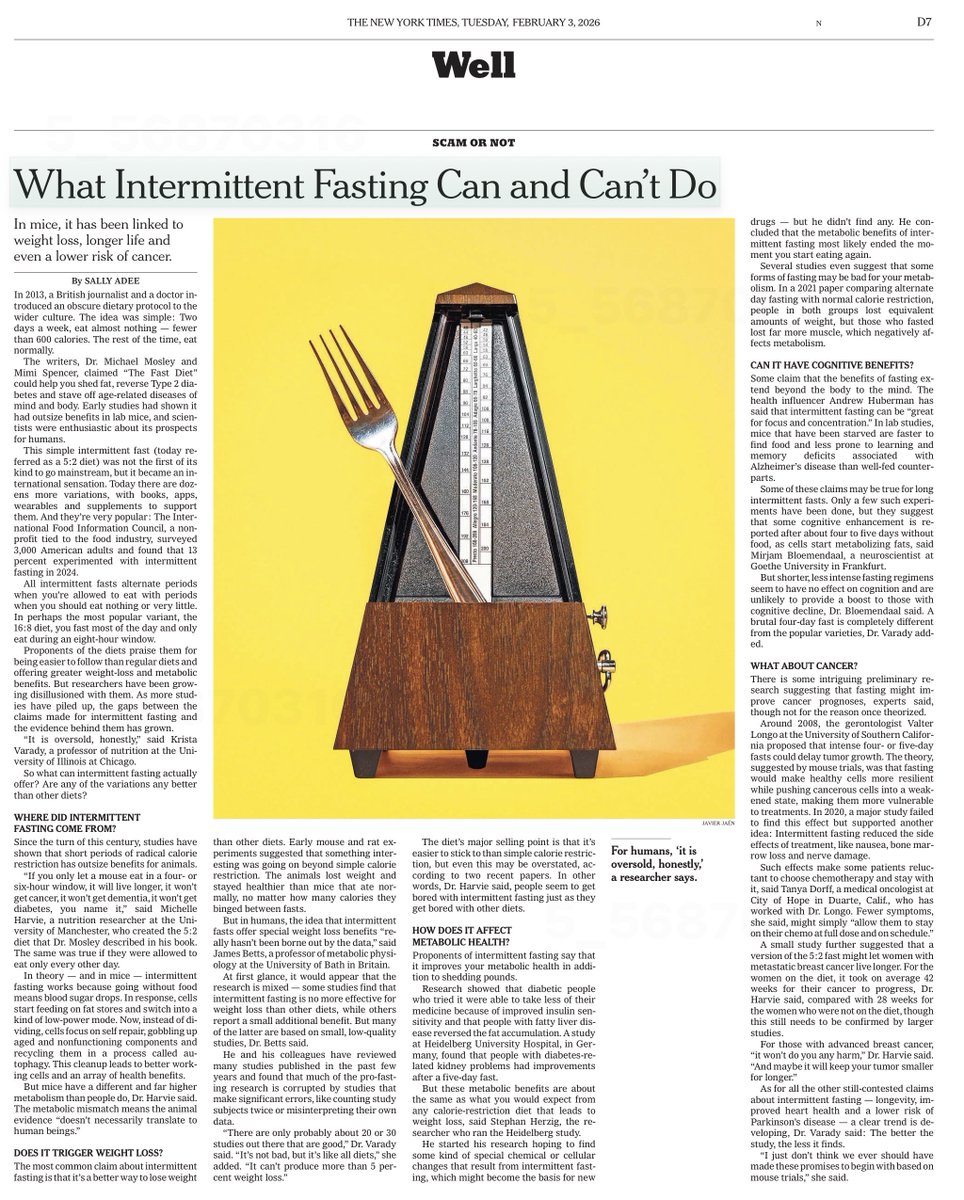 EricTopol's tweet photo. The skinny on intermittent fasting
"the better the study , the less it finds"
by @sally_adee @NYTHealth 
gift link https://t.co/UMs4ruhJ2z https://t.co/tqv005xNT1