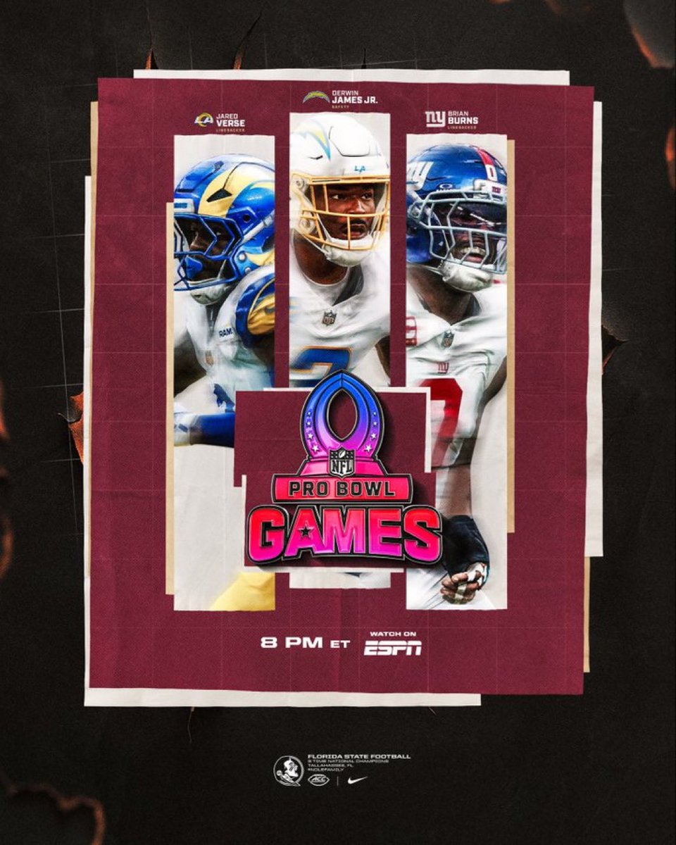 TJSalomone's tweet image. Pro Bowl Noles!

- Derwin James Jr.
- Jared Verse
- Brian Burns

Tonight’s game should be a fun watch.

#ProBowl #ProBowlGames