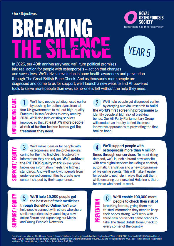 RoyalOsteoSoc's tweet photo. We’ve published our Annual Objectives for 2026, our fortieth anniversary year.

Today, the Royal Osteoporosis Society (ROS) publishes its Annual Objectives in the fifth year of our strategy, Breaking the Silence.  

You can read them here.👇 https://t.co/nlf5o9V6SW