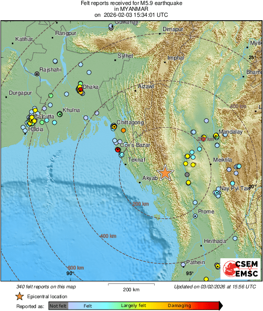 LastQuake's tweet photo. @EarthScope_sci #Earthquake 73 mi E of #Akyab (#Myanmar) 23 min ago (local time 22:04:01). Updated map - Colored dots represent local shaking & damage level reported by eyewitnesses. Share your experience via:
📱https://t.co/QMSpuj6Z2H
🌐https://t.co/0bYKk6klx2 https://t.co/tluGtIjGVg