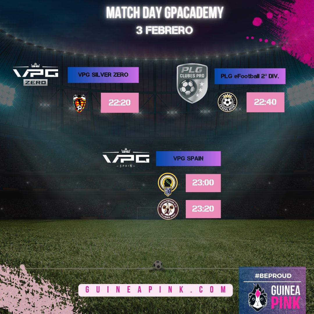 ✨MATCHDAY <a href="/PLG_Spain/">PLG España</a> y <a href="/VPG_Spain/">Virtual Pro Gaming España</a>✨

Nada extra. Solo competir. Señal de las cobayas para hoy 👇🐹

#GPCoronet vs <a href="/reBorn_proclub/">Reborn Sportec</a> #FreisingerKickers <a href="/misaesports/">Misa Esports</a> <a href="/LyokFox_/">LyokFox</a> <a href="/EuropaEsports/">CE Europa eSports</a>

#GPAcademy vs #ETERNALTEAM <a href="/CDREALSPORT/">CD REAL SPORT</a> <a href="/BallOwners2024/">HERCULES CF eSports</a> <a href="/FCBachateros/">Bachateros FC</a>

#BEPROUD🏳️‍🌈