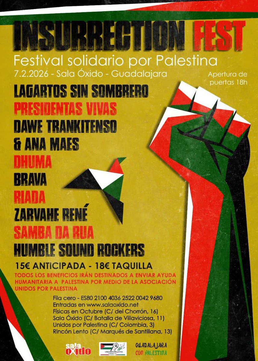 Este sábado, Festival. Todo lo recaudado irá para Gaza. Saca tu entrada antes de que se agoten!!!!! Nos vemos en la #SalaOxido  <a href="/SalaOxido/">Sala Oxido</a>  <a href="/GudconPalestina/">GuadalajaraconPalestina</a>