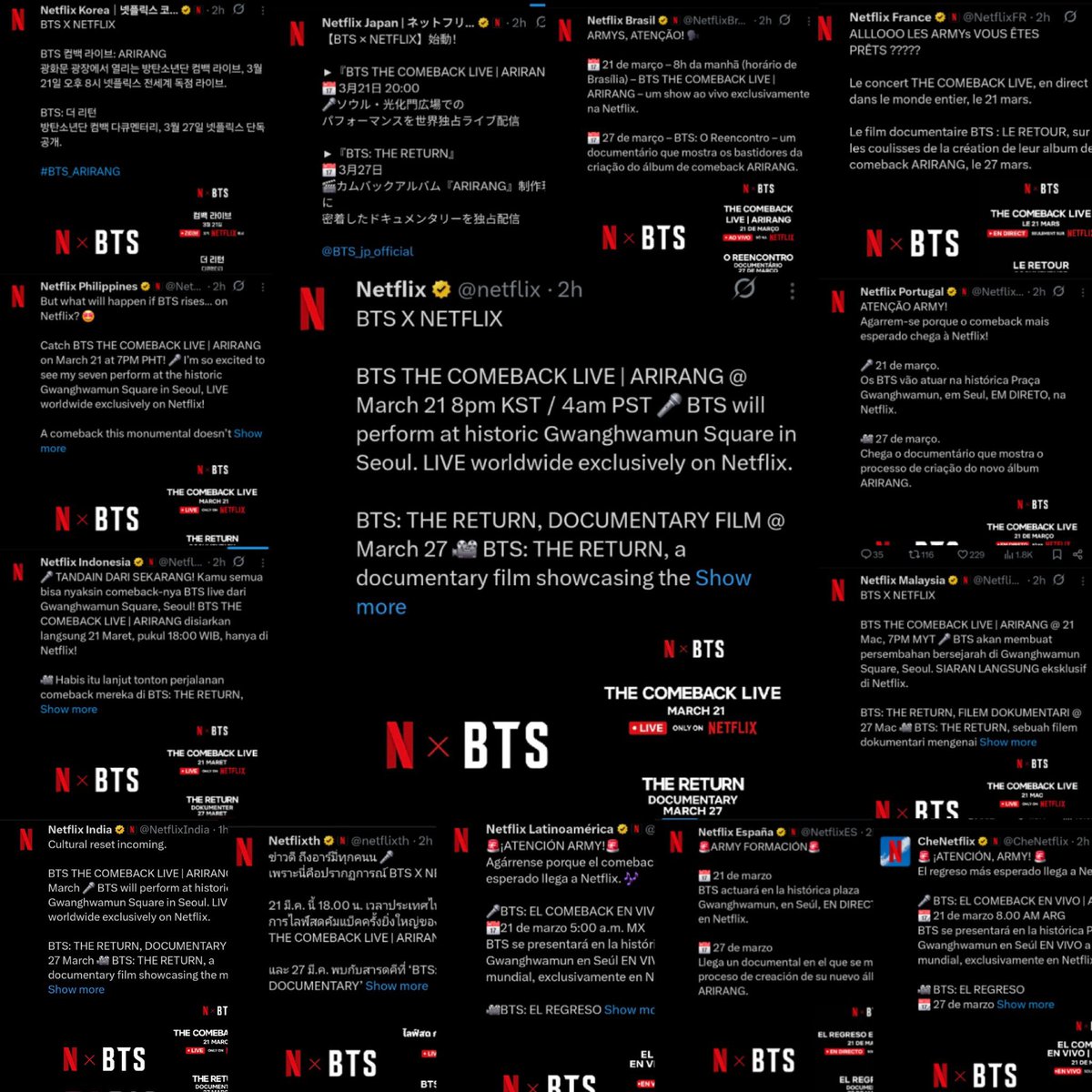 Live de comeback e documentário confirmados na maior plataforma de streaming do mundo 

Contas da Netflix no mundo inteiro divulgando o comeback

Trabalhando com o diretor dos shows do Super Bowl para a performance gratuita que estima-se atrair mais de 200K pessoas

BTS vocês SÃO