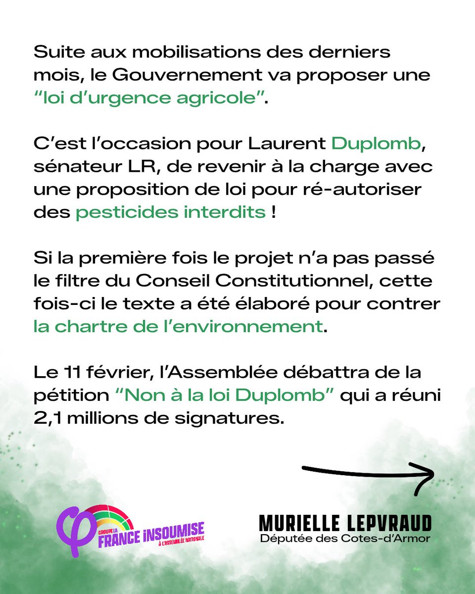 MLepvraud's tweet photo. 🌾 Loi Duplomb - partie 2 : mon opposition reste la même !

Notre combat a pour but de préserver notre santé, notre environnement et les conditions d'exercices et de rémunérations des travailleurs agricoles. 

Alors la loi Duplomb, c'est non ❌ https://t.co/HsxorpaYYe